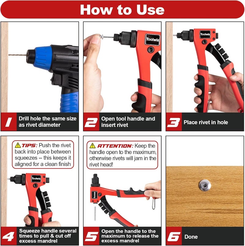 Toolwiz Rivet Gun One-Handed Rivet Gun Kit with 200pcs Rivets, 4pcs Tool-Free Interchangeable Heads and 4pcs Drill Bits - Heavy Duty Hand Riveter for Metal, Wood, Plastic, Leather, Fabric - Image 3